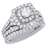 14K White Gold Solitaire Diamond Square Halo Engagement Ring Bridal Set 1.88 Ct.