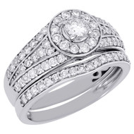 14K White Gold Round Solitaire Diamond Halo Wedding Ring Bridal Set 1.15 Ct.