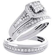 10K White Gold Princess Diamond Trio Set Split Bridal Ring + Wedding Band 3/4 Ct