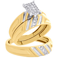14K Yellow Gold Diamond Trio Set Matching Cluster Engagement Ring & Band 1/4 Ct.