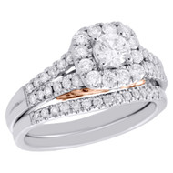 14K Two Tone Gold Solitaire Diamond Wedding Ring Split Shank Halo Bridal Set 1CT