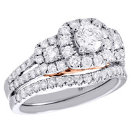 14K White Gold 3 Stone Diamond Bridal Set Split Shank Halo Wedding Ring 1.50 CT.