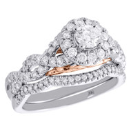 14K White Gold Round Solitaire Diamond Wedding Ring Braided Halo Bridal Set 1 CT