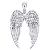 Sterling Silver & Diamond Angel Wing Feather Pendant 1.2" Statement Charm 3/8 CT