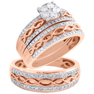 10K Rose Gold Diamond Flower Infinity Bridal Set + Wedding Bands Trio Set 1 CT.