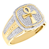 10K Yellow Gold Round Diamond Egyptian Ankh Cross Pinky Ring 15mm Band 5/8 CT.