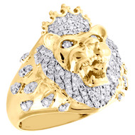 10K Yellow Gold Round Diamond Lion Head Crown Pinky Ring 24mm Fancy Band 7/8 CT.