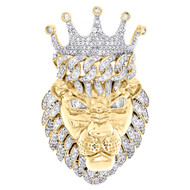 10K Yellow Gold Diamond Lion Face Pendant 2" Miami Cuban Crown Charm 1.75 CT.
