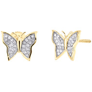 10K Yellow Gold Round Diamond Small Butterfly Stud Themed Earrings 0.12 Ct.