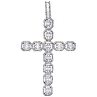 10K Yellow Gold Round & Baguette Diamond Cross Pendant 2.90" Fancy Charm 2.33 CT