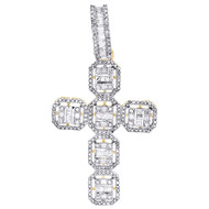 10K Yellow Gold Round & Baguette Diamond Cross Pendant 1.9" Statement Charm 1 CT