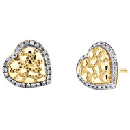 10K Yellow Gold Diamond Halo Domed Nugget Center Heart Stud Earrings 0.10 Ct.