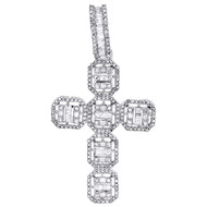 10K White Gold Round & Baguette Diamond Cross Pendant 1.9" Statement Charm 1 CT.