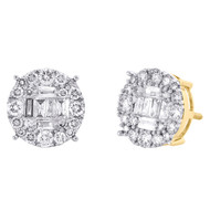 10K Yellow Gold Round & Baguette Diamond 4 Prong Circle Stud 10mm Earrings 1 CT.