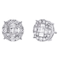 10K White Gold Round & Baguette Diamond 4 Prong Circle Stud 10mm Earrings 1 CT.