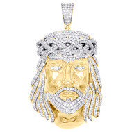10K Yellow Gold Round Diamond Jesus Head Pendant 2" Statement Pave Charm 2.25 CT