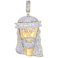 10K Yellow Gold Baguette Diamond Jesus Head Pendant 1.55" Statement Charm 2 CT.