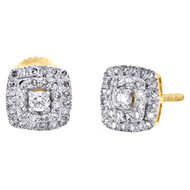 10K Yellow Gold Round Diamond Square Frame Halo Cluster Stud 7mm Earrings 1/3 CT