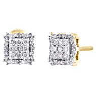 10K Yellow Gold Round Diamond Square Frame 4 Prong Stud 7mm Pave Earrings 1/3 CT