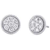 10K White Gold Real Diamond Rope Milgrain Flower Cluster Stud 11mm Earrings 1 CT