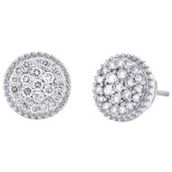 10K White Gold Round Diamond Rope Milgrain Frame Cluster Stud 12mm Earrings 1 CT