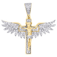 10K Yellow Gold Diamond Jesus Crucifix Cross Angel Wing Pendant 1.30" Charm 1 CT