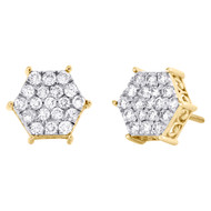 10K Yellow Gold Round Diamond Hexagon Stud 4 Prong 12mm Cluster Earrings 7/8 CT.