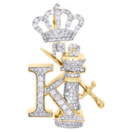 10K Yellow Gold Diamond Letter K Initial King Crown Pendant 1.55" Charm 1.50 CT.