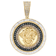 10K Yellow Gold White Black & Champagne Diamond Medusa Medallion Pendant 2 Ct.