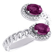 10K White Gold Ruby & Diamond Bypass Oval Halo Cuban Link Promise Ring 0.20 TCW