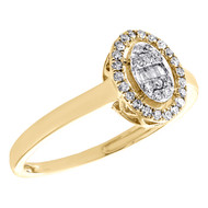 10K Yellow Gold Round & Baguette Diamond Oval Halo Frame Engagement Ring 1/10 CT