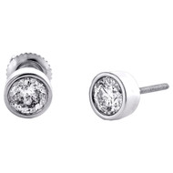 14K White Gold Genuine Round Solitaire Diamond Bezel Set Stud 7mm Earrings 1 CT.