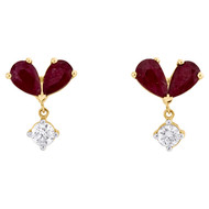 14K Yellow Gold Natural Ruby & Diamond Dangle Drop Studs 10mm Earrings 1/6 CT.