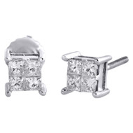 14K White Gold Princess Diamond Studs Quad Set Mini 5.60mm 3D Earrings 0.50 Ct.