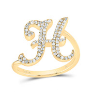 10k Yellow Gold Genuine Diamond Cursive Font Letter H Initial Bypass Ring 1/4 CT