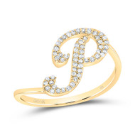 10k Yellow Gold Genuine Diamond Cursive Font Letter P Initial Bypass Ring 1/6 CT