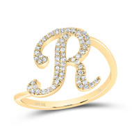 10k Yellow Gold Genuine Diamond Cursive Font Letter R Initial Bypass Ring 1/5 CT