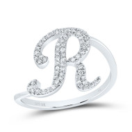 10k White Gold Genuine Diamond Cursive Font Letter R Initial Bypass Ring 1/5 CT