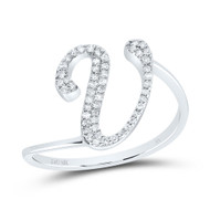 10k White Gold Genuine Diamond Cursive Font Letter V Initial Bypass Ring 1/6 CT