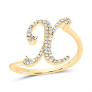 10k Yellow Gold Genuine Diamond Cursive Font Letter X Initial Bypass Ring 1/6 CT