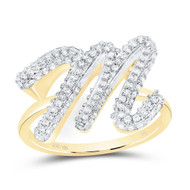 10k Yellow Gold Genuine Diamond Women Cursive Letter M Initial Band Ring 1/2 CT