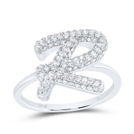 10k White Gold Genuine Diamond Women's Cursive Letter R Initial Band Ring 1/2 CT