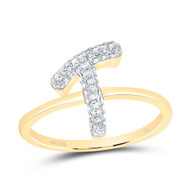 10k Yellow Gold Genuine Diamond Women Cursive Letter T Initial Band Ring 1/4 CT
