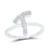 10k White Gold Genuine Diamond Women's Cursive Letter T Initial Band Ring 1/4 CT