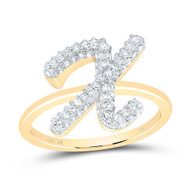 10k Yellow Gold Genuine Diamond Women Cursive Letter X Initial Band Ring 3/8 CT