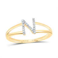 10k Yellow Gold Genuine Diamond Women Block Letter N Initial Split Ring 1/20 CT