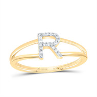 10k Yellow Gold Genuine Diamond Women Block Letter R Initial Split Ring 1/20 CT