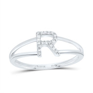 10k White Gold Genuine Diamond Women's Block Letter R Initial Split Ring 1/20 CT