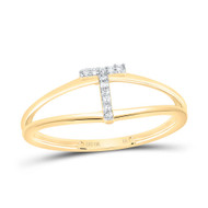 10k Yellow Gold Genuine Diamond Women Block Letter T Initial Split Ring 0.03 CT