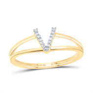 10k Yellow Gold Genuine Diamond Women Block Letter V Initial Split Ring 1/20 CT